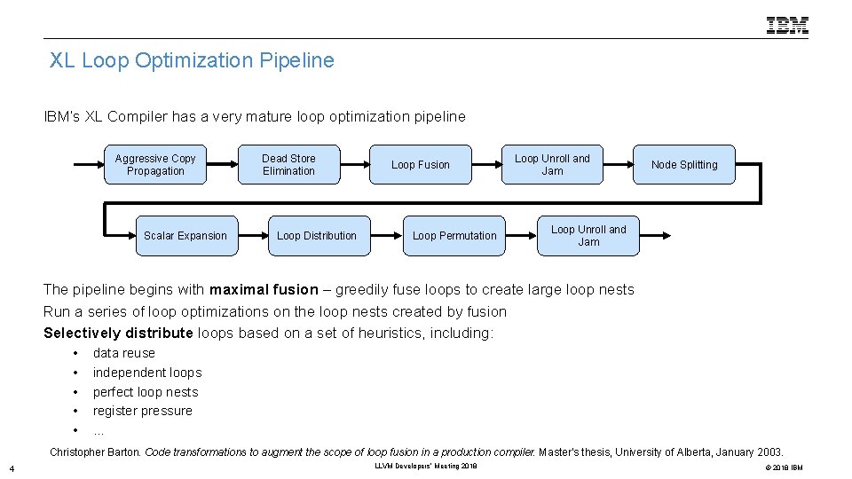 XL Loop Optimization Pipeline IBM’s XL Compiler has a very mature loop optimization pipeline