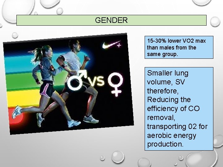 GENDER 15 -30% lower VO 2 max than males from the same group. Smaller