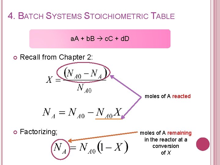 4. BATCH SYSTEMS STOICHIOMETRIC TABLE a. A + b. B c. C + d.