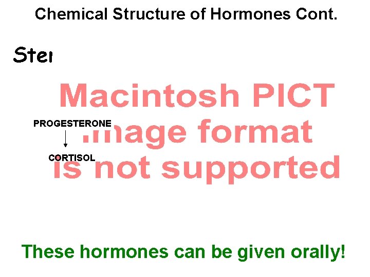 Chemical Structure of Hormones Cont. Steroids PROGESTERONE CORTISOL These hormones can be given orally!