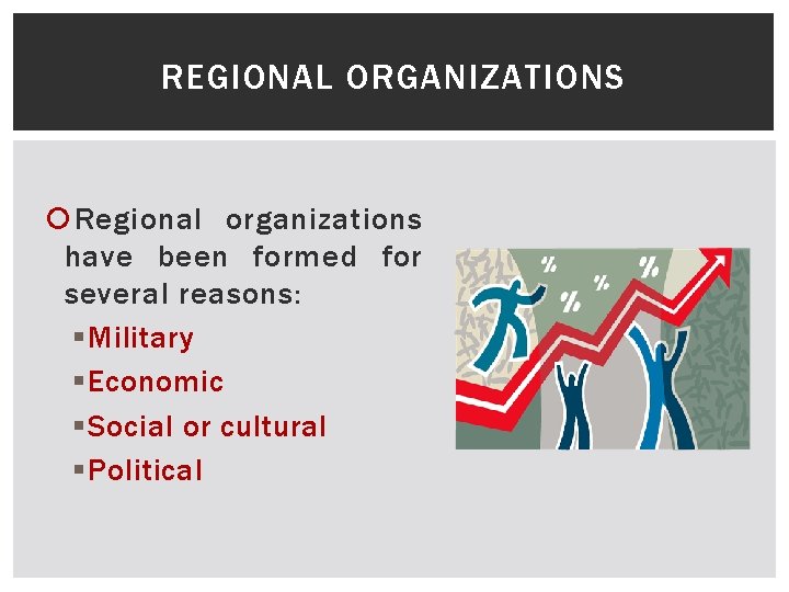 REGIONAL ORGANIZATIONS Regional organizations have been formed for several reasons: § Military § Economic