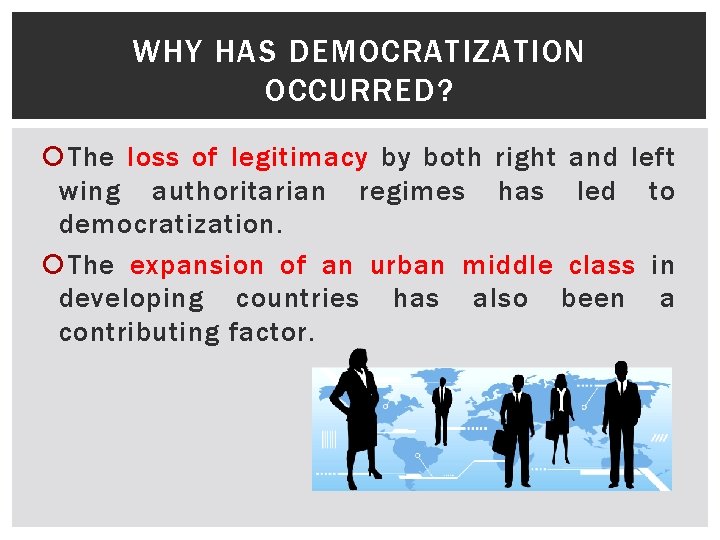 WHY HAS DEMOCRATIZATION OCCURRED? The loss of legitimacy by both right and left wing