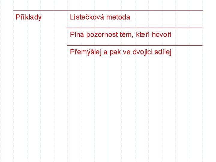 Příklady Lístečková metoda Plná pozornost těm, kteří hovoří Přemýšlej a pak ve dvojici sdílej