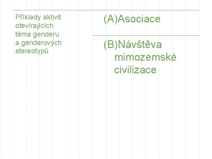 Příklady aktivit otevírajících téma genderu a genderových stereotypů (A)Asociace (B)Návštěva mimozemské civilizace 
