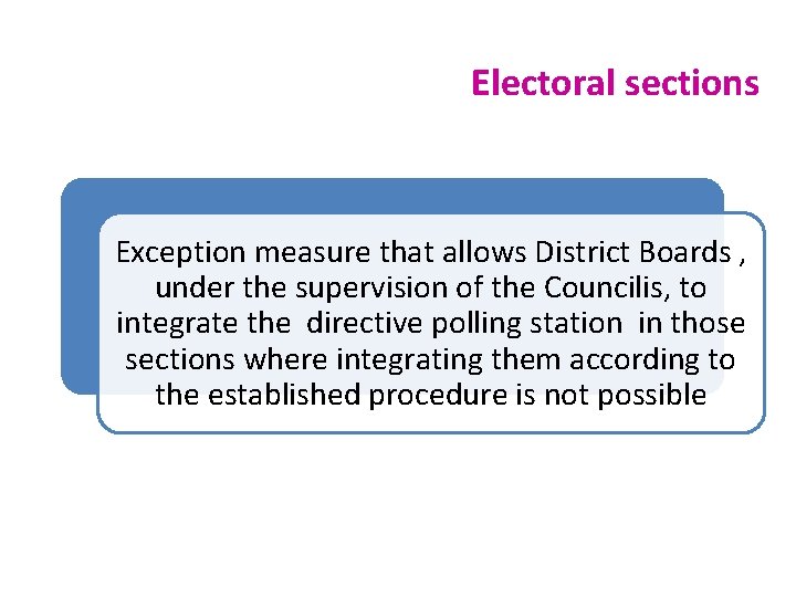 Electoral sections Exception measure that allows District Boards , under the supervision of the