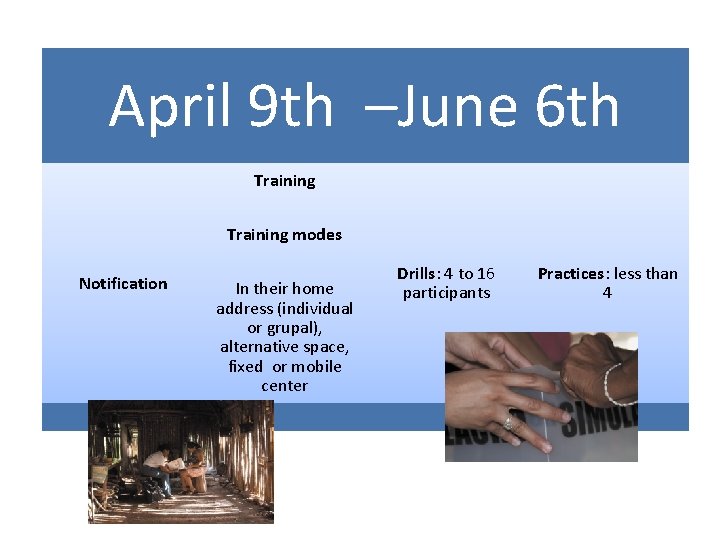 April 9 th –June 6 th Training modes Notification In their home address (individual