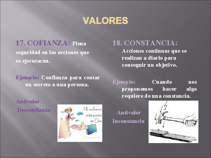 VALORES 17. COFIANZA: Plena seguridad en las acciones que se ejecutarán. Ejemplo: Confianza para