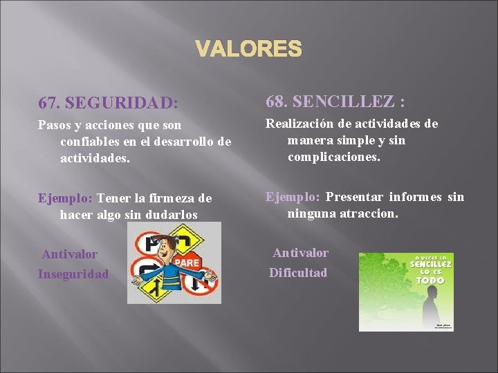 VALORES 67. SEGURIDAD: 68. SENCILLEZ : Pasos y acciones que son confiables en el