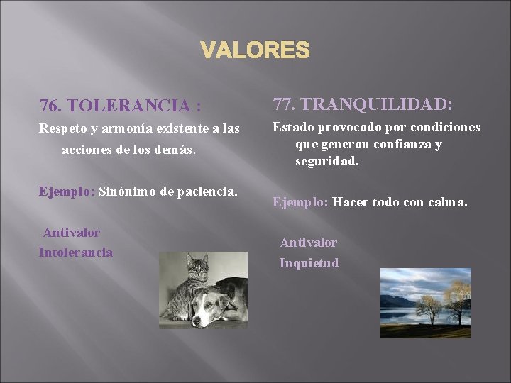 VALORES 76. TOLERANCIA : 77. TRANQUILIDAD: Respeto y armonía existente a las acciones de