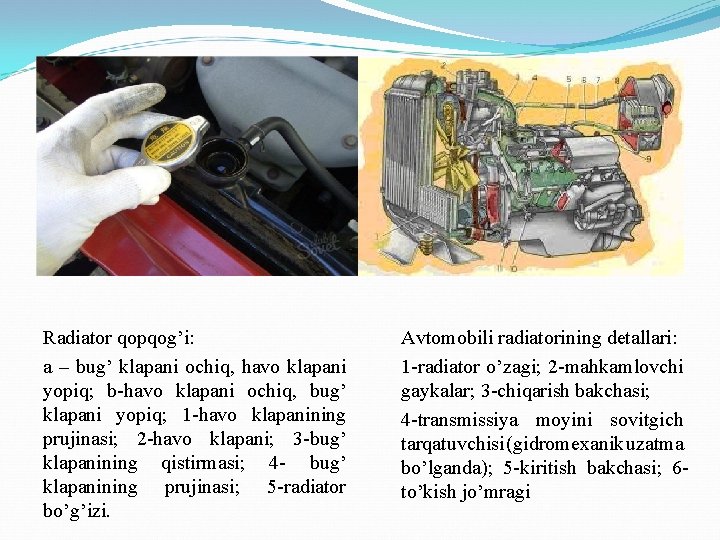 Radiator qopqog’i: a – bug’ klapani ochiq, havo klapani yopiq; b-havo klapani ochiq, bug’