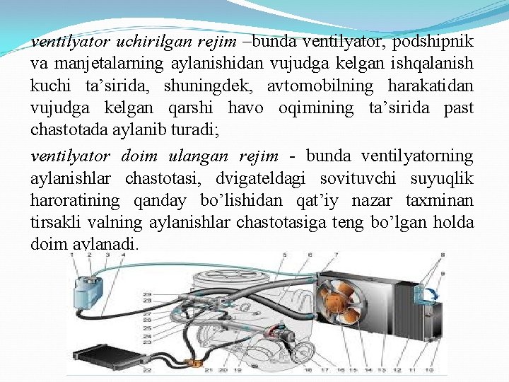 ventilyator uchirilgan rejim –bunda ventilyator, podshipnik va manjetalarning aylanishidan vujudga kelgan ishqalanish kuchi ta’sirida,