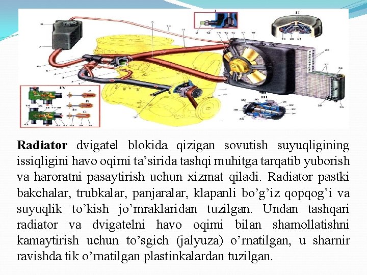 Radiator dvigatel blokida qizigan sovutish suyuqligining issiqligini havo oqimi ta’sirida tashqi muhitga tarqatib yuborish