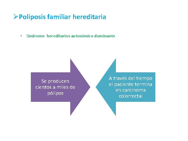 ØPoliposis familiar hereditaria • Síndrome hereditarios autosómico dominante Se producen cientos a miles de ØPoliposis familiar hereditaria • Síndrome hereditarios autosómico dominante Se producen cientos a miles de