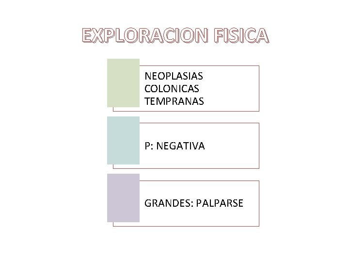 EXPLORACION FISICA NEOPLASIAS COLONICAS TEMPRANAS P: NEGATIVA GRANDES: PALPARSE EXPLORACION FISICA NEOPLASIAS COLONICAS TEMPRANAS P: NEGATIVA GRANDES: PALPARSE