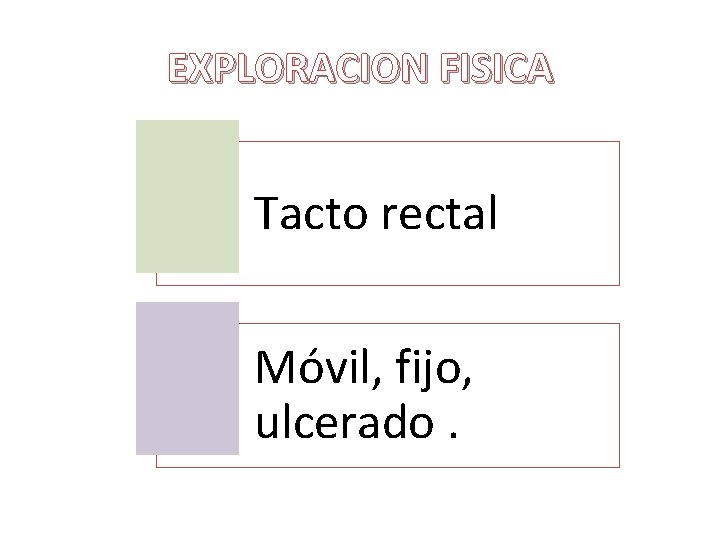 EXPLORACION FISICA Tacto rectal Móvil, fijo, ulcerado. EXPLORACION FISICA Tacto rectal Móvil, fijo, ulcerado.