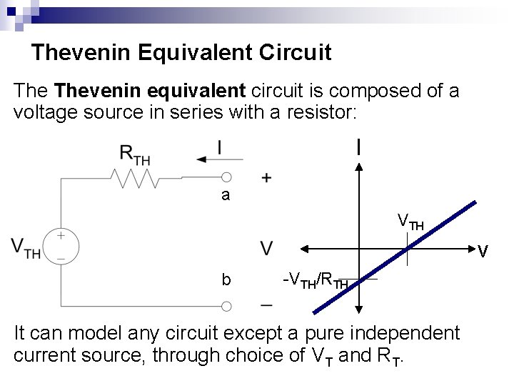 Thevenin Equivalent Circuit Thevenin equivalent circuit is composed of a voltage source in series