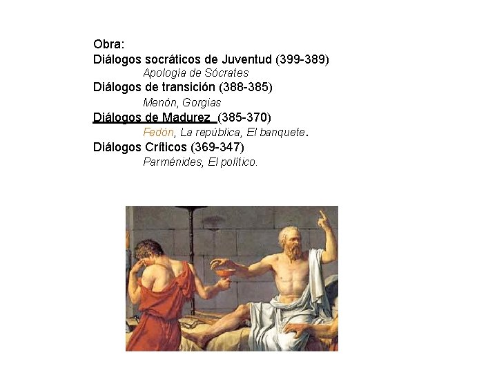 Obra: Diálogos socráticos de Juventud (399 -389) Apología de Sócrates Diálogos de transición (388