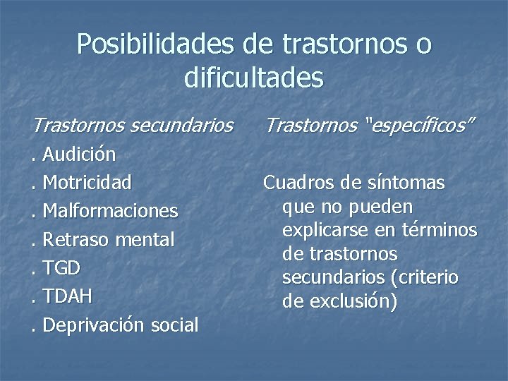 Posibilidades de trastornos o dificultades Trastornos secundarios Trastornos “específicos” . Audición. Motricidad. Malformaciones. Retraso