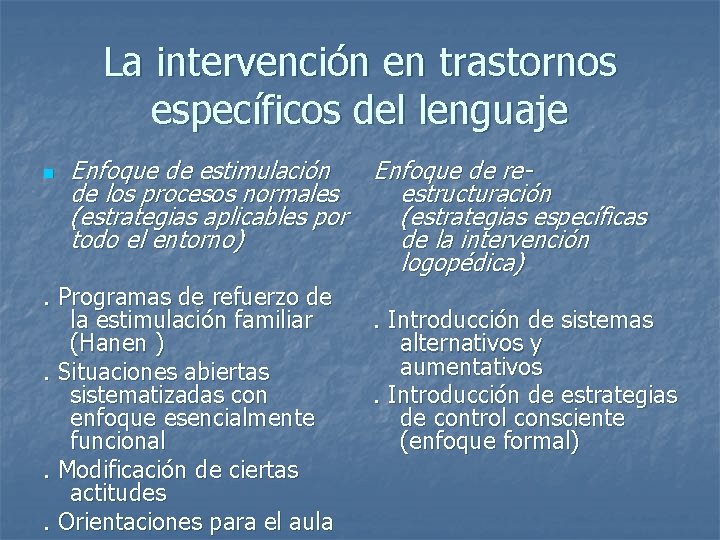 La intervención en trastornos específicos del lenguaje n Enfoque de estimulación Enfoque de rede