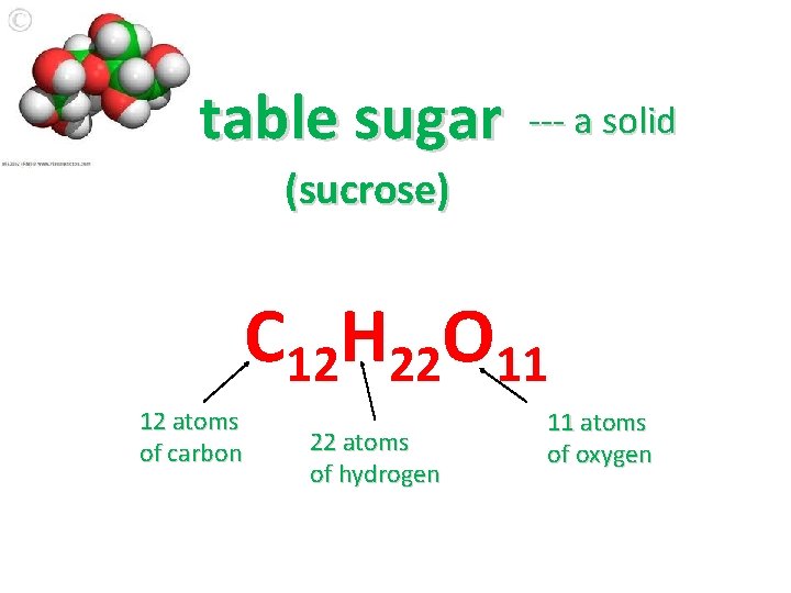 table sugar --- a solid (sucrose) C 12 H 22 O 11 12 atoms