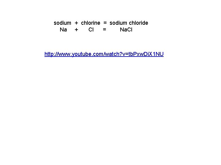 sodium + chlorine = sodium chloride Na + Cl = Na. Cl http: //www.