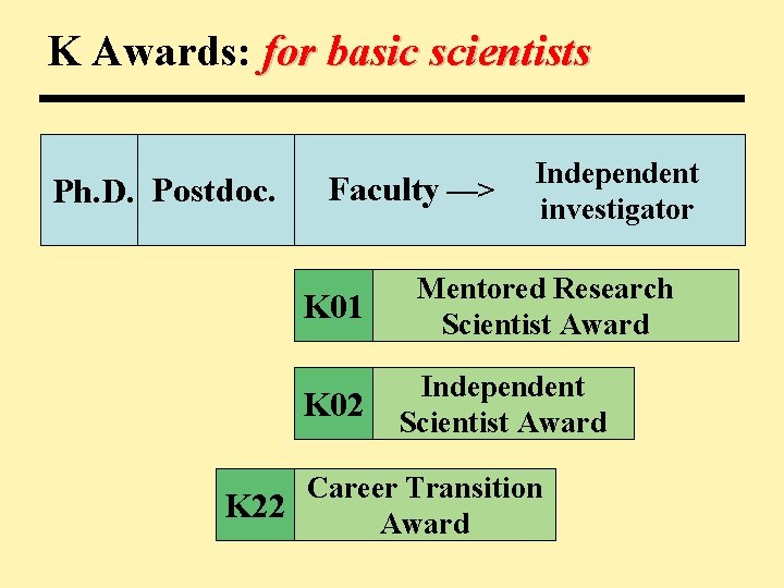 K Awards: for basic scientists Ph. D. Postdoc. Faculty —> K 01 K 02