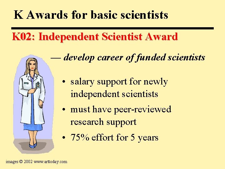 K Awards for basic scientists K 02: Independent Scientist Award — develop career of