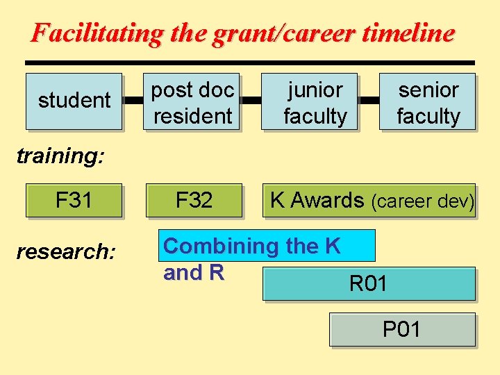 Facilitating the grant/career timeline student post doc resident junior faculty senior faculty training: F