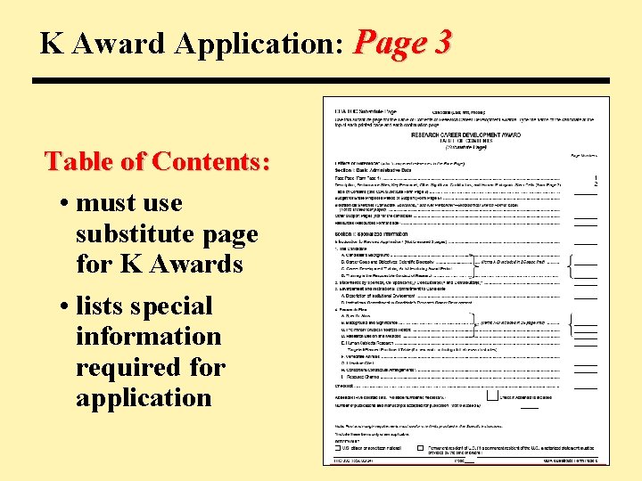 K Award Application: Page 3 Table of Contents: • must use substitute page for