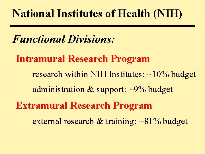 National Institutes of Health (NIH) Functional Divisions: Intramural Research Program – research within NIH