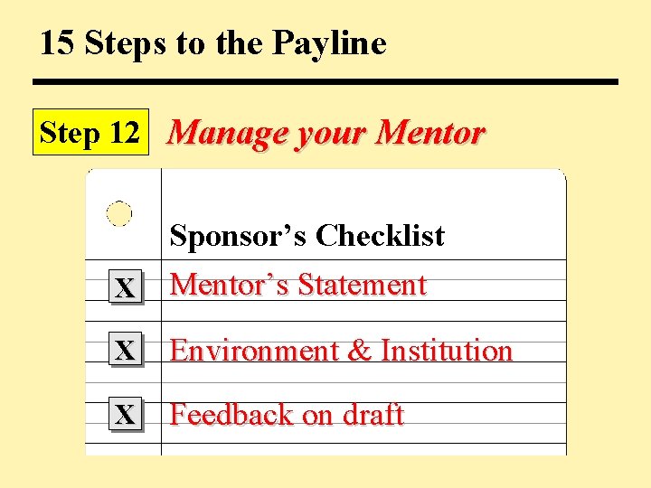 15 Steps to the Payline Step 12 Manage your Mentor Sponsor’s Checklist X Mentor’s