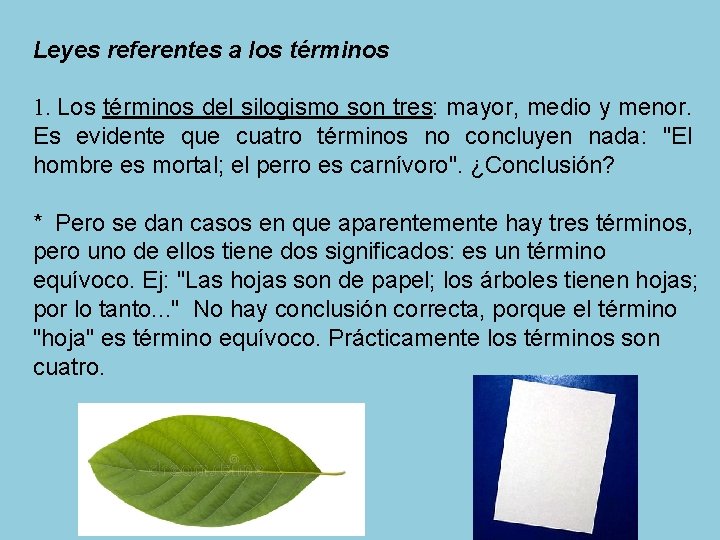  Leyes referentes a los términos 1. Los términos del silogismo son tres: mayor,