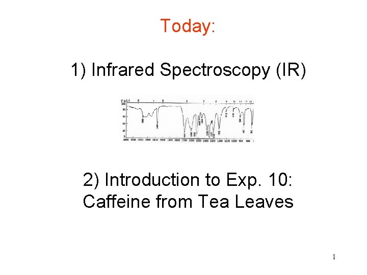 Today: 1) Infrared Spectroscopy (IR) 2) Introduction to Exp. 10: Caffeine from Tea Leaves