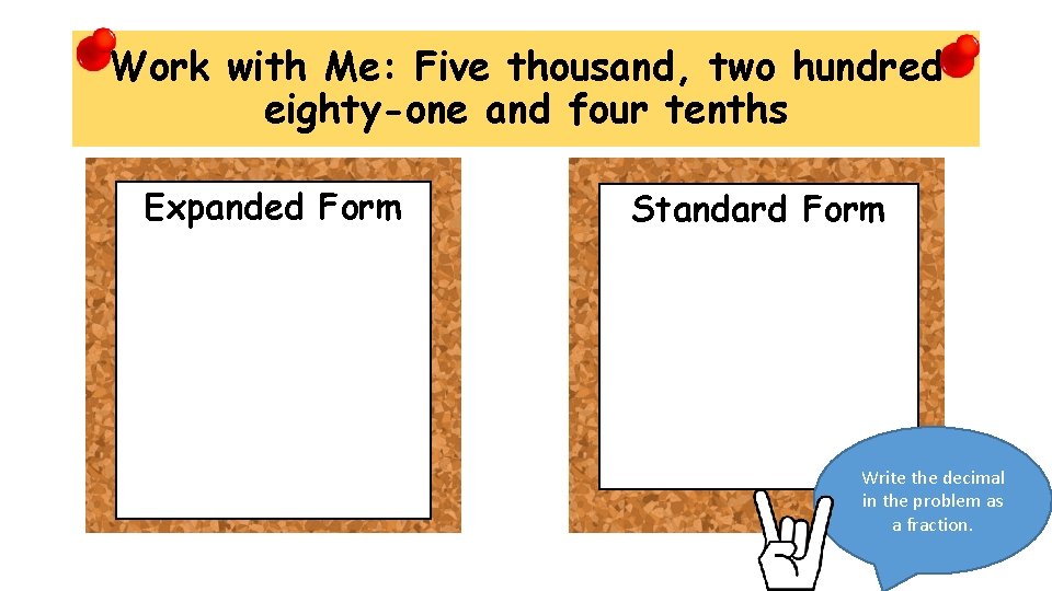 Work with Me: Five thousand, two hundred eighty-one and four tenths Expanded Form Standard