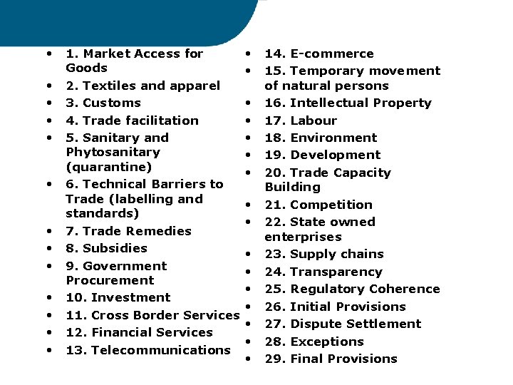  • 1. Market Access for Goods • 2. Textiles and apparel • 3.