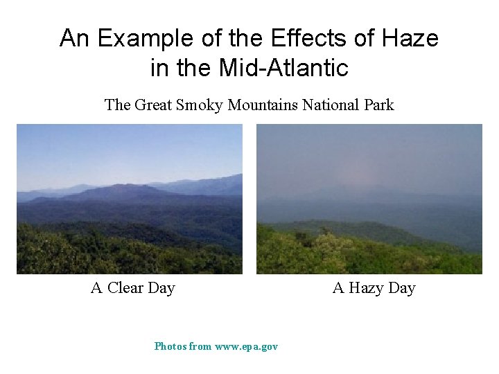 An Example of the Effects of Haze in the Mid-Atlantic The Great Smoky Mountains An Example of the Effects of Haze in the Mid-Atlantic The Great Smoky Mountains