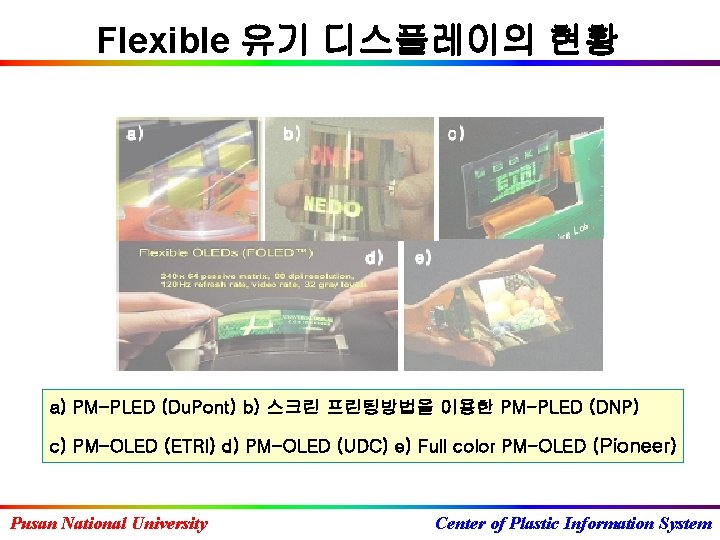 Flexible 유기 디스플레이의 현황 a) PM-PLED (Du. Pont) b) 스크린 프린팅방법을 이용한 PM-PLED (DNP)