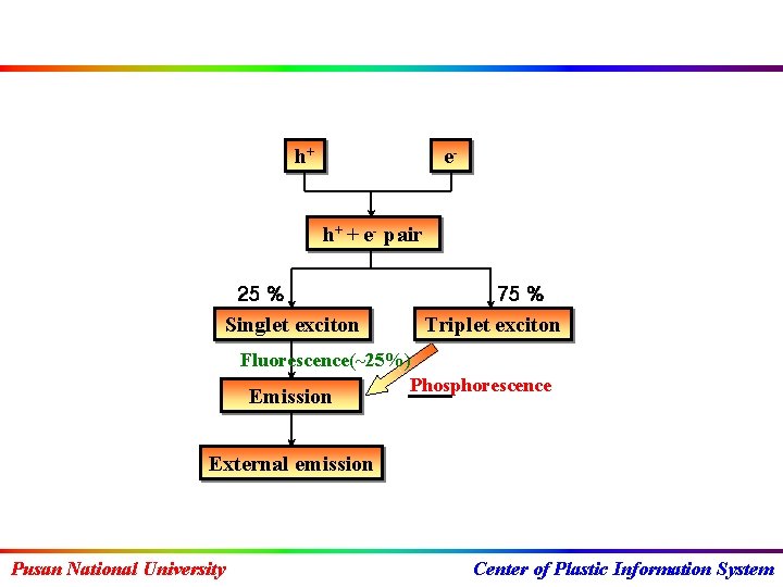 h+ eh+ + e- pair 25 % Singlet exciton 75 % Triplet exciton Fluorescence(~25%)