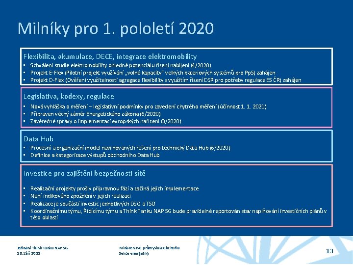 Milníky pro 1. pololetí 2020 Flexibilita, akumulace, DECE, integrace elektromobility • Schválení studie elektromobility