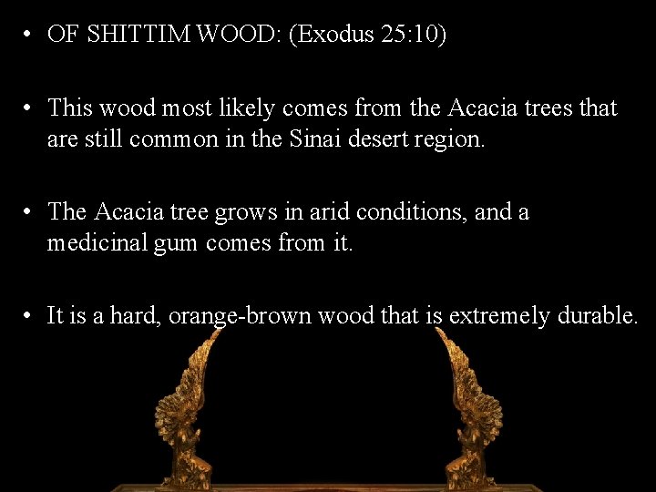 • OF SHITTIM WOOD: (Exodus 25: 10) • This wood most likely comes