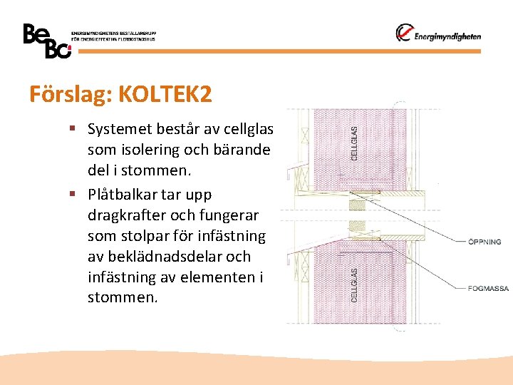 Förslag: KOLTEK 2 § Systemet består av cellglas som isolering och bärande del i