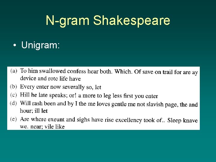 N-gram Shakespeare • Unigram: 