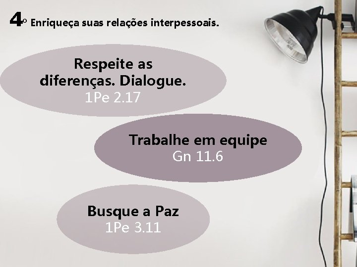 4º Enriqueça suas relações interpessoais. Respeite as diferenças. Dialogue. 1 Pe 2. 17 Trabalhe 4º Enriqueça suas relações interpessoais. Respeite as diferenças. Dialogue. 1 Pe 2. 17 Trabalhe