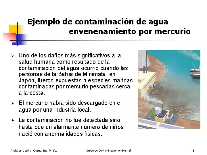 Ejemplo de contaminación de agua envenenamiento por mercurio Ø Uno de los daños más