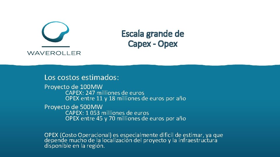 Escala grande de Capex - Opex Los costos estimados: Proyecto de 100 MW CAPEX: