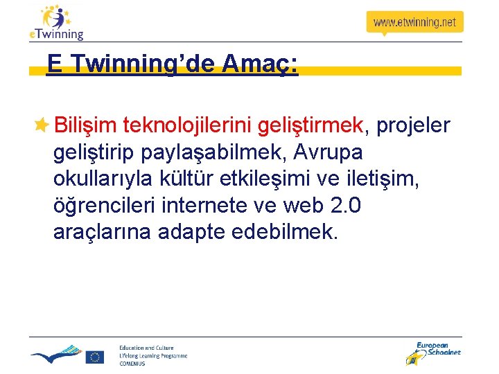 E Twinning’de Amaç: Bilişim teknolojilerini geliştirmek, projeler geliştirip paylaşabilmek, Avrupa okullarıyla kültür etkileşimi ve
