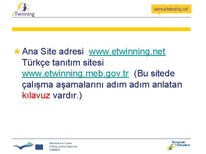 Ana Site adresi www. etwinning. net Türkçe tanıtım sitesi www. etwinning. meb. gov. tr