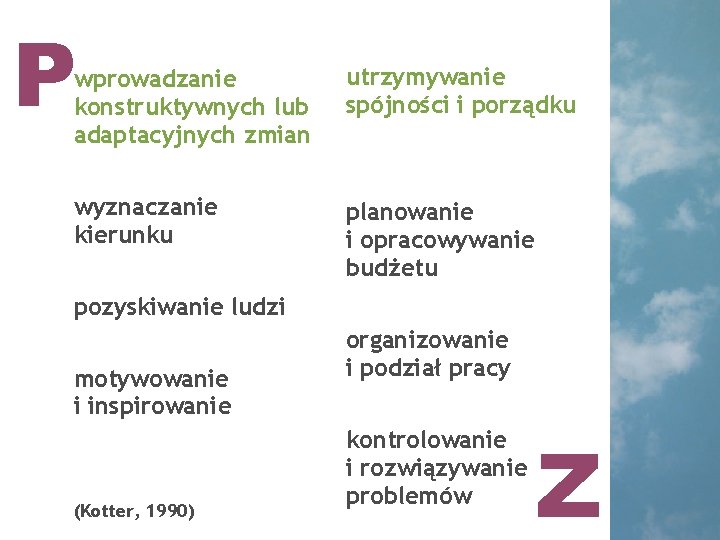 P wprowadzanie konstruktywnych lub adaptacyjnych zmian utrzymywanie spójności i porządku wyznaczanie kierunku planowanie i P wprowadzanie konstruktywnych lub adaptacyjnych zmian utrzymywanie spójności i porządku wyznaczanie kierunku planowanie i