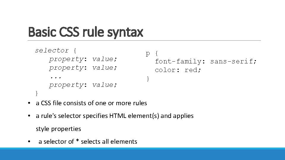 Basic CSS rule syntax selector { property: value; font-family: sans-serif; property: value; color: red;