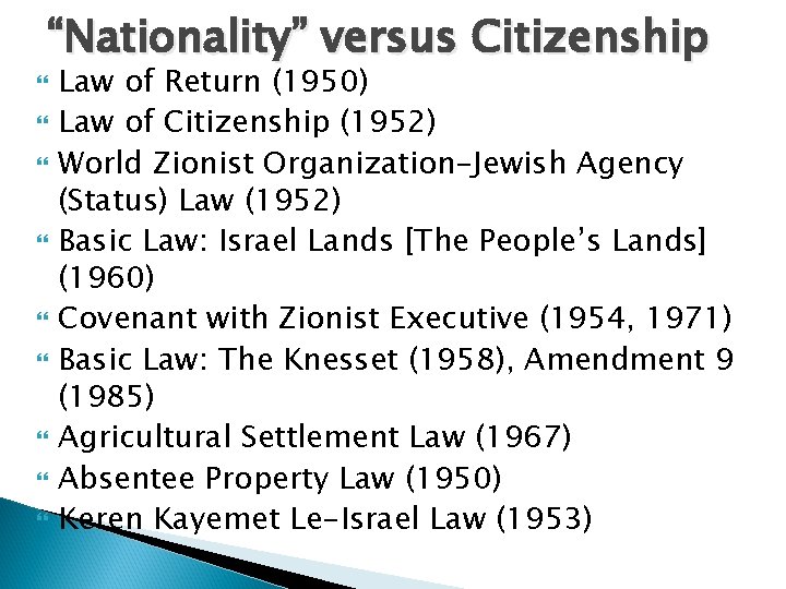  “Nationality” versus Citizenship Law of Return (1950) Law of Citizenship (1952) World Zionist